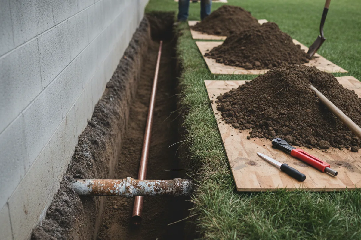 Excavated water line trench during Water Heater Repair in Dublin